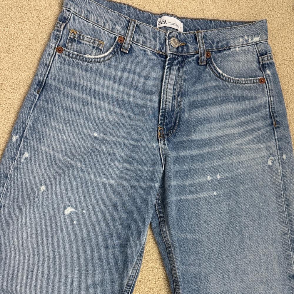 Zara Wide Straight Jeans Size 2 Fringed Hem - Picture 13 of 14